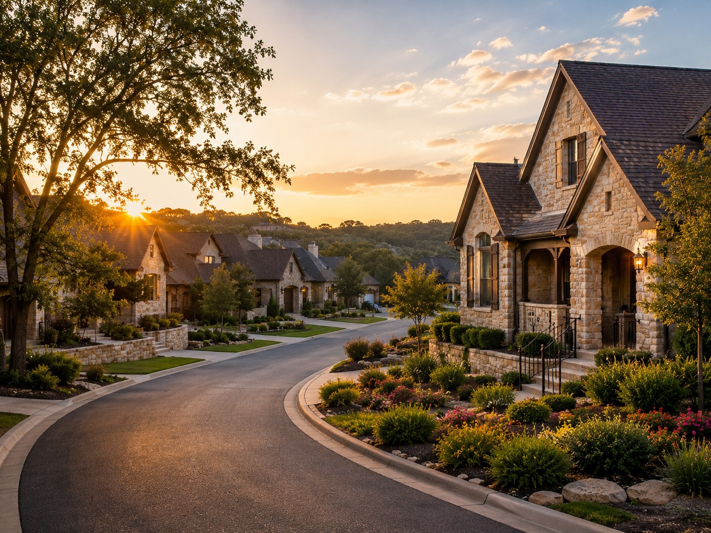 Upscale Central Texas residential neighborhood with stone homes and landscaped streets